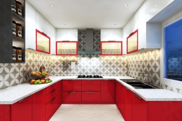 Red U Shape Kitchen Design