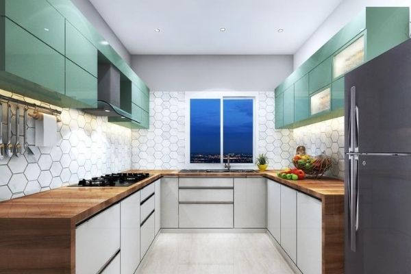 White & Jungle Green U Shape Kitchen