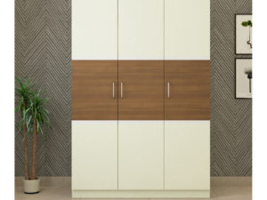 3 Door Swing Contemporary Wardrobe in Ivory White and Jungle Wood Gloss Finish